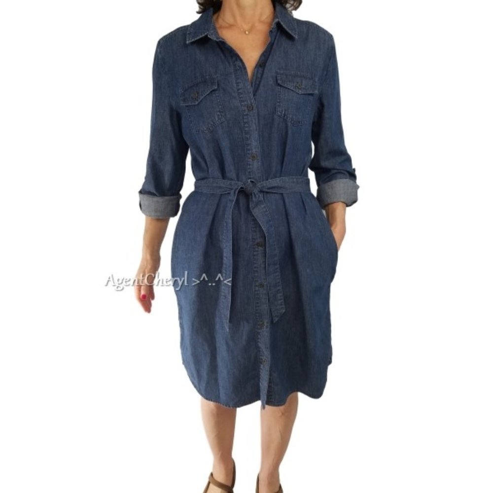 CHICOS L 2 Blue Denim Shirt Dress Belt Roll Sleeve